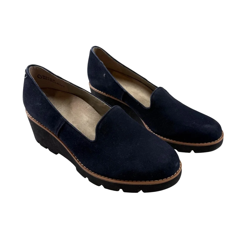 Comfort Wedge‎ Loafers Navy Suede Slip On Lug Sole Casual Shoes Size 9